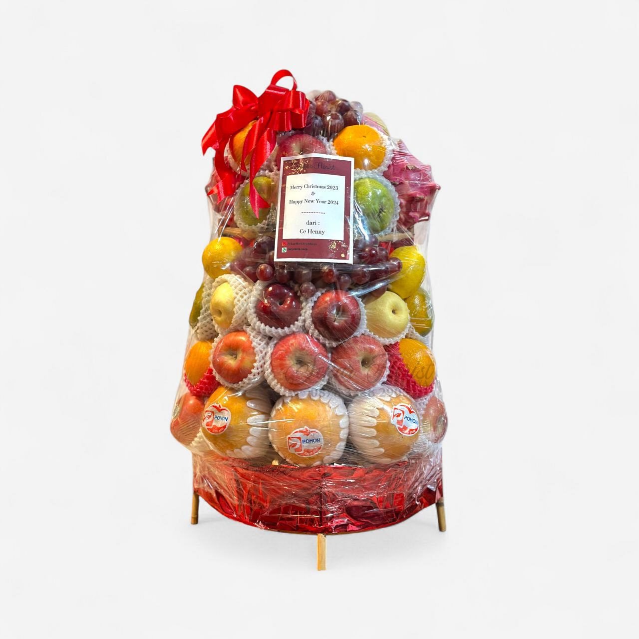 Parcel buah jumbo susun tinggi isi pir emas buah naga dan apel dengan pita merah besar
