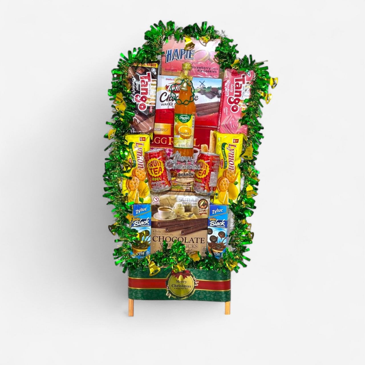 Hampers snack tower nuansa hijau isi marjan squash tango wafer dan fruit tea kaleng