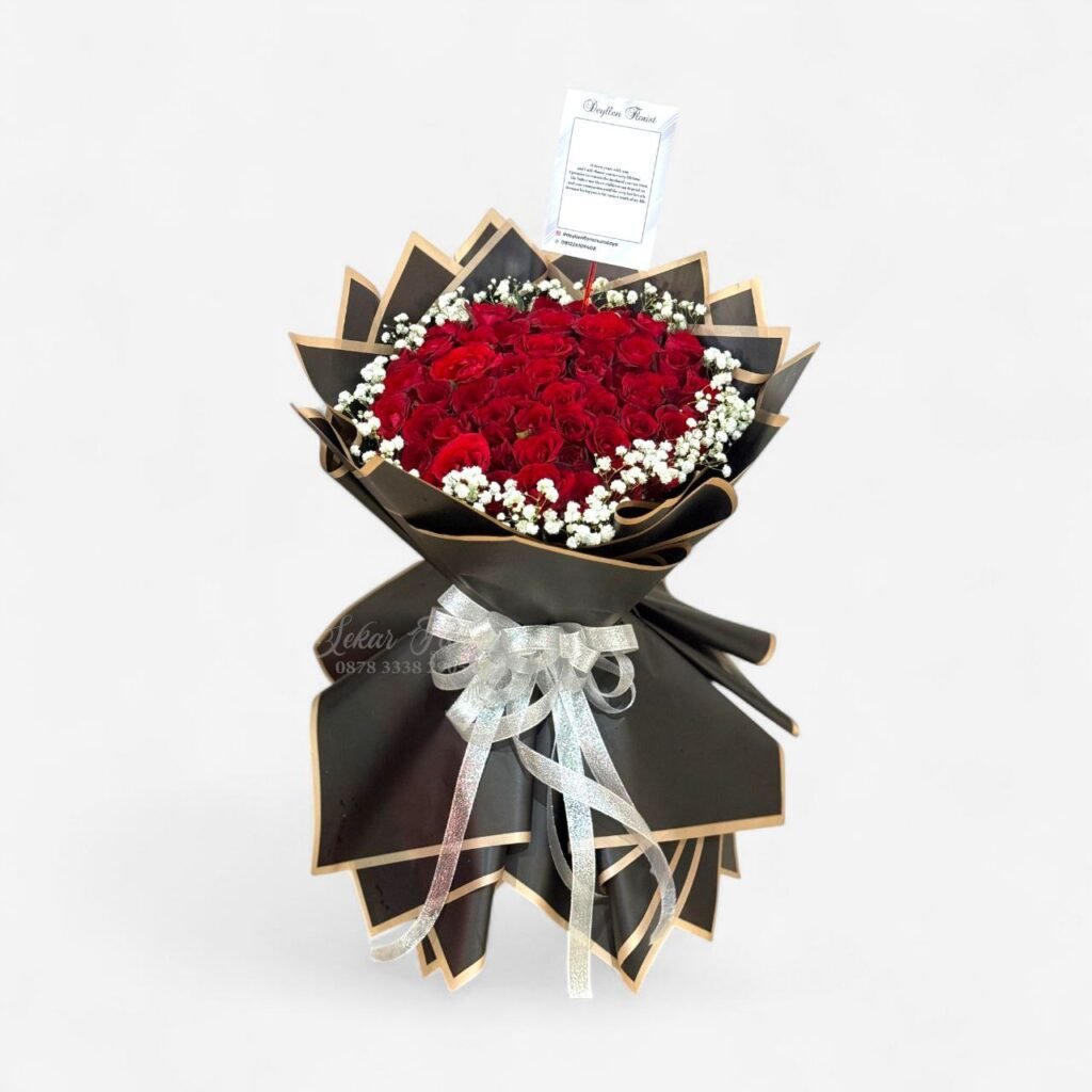 Buket Mawar Merah Premium Wrapping Hitam Gold Elegan