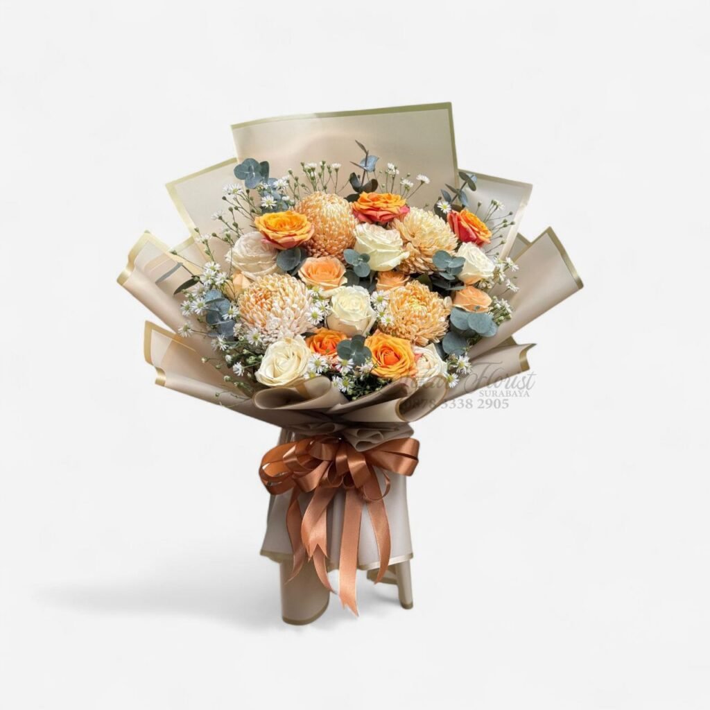Hand Bouquet Premium Rangkaian Mawar Nuansa Warm Peach