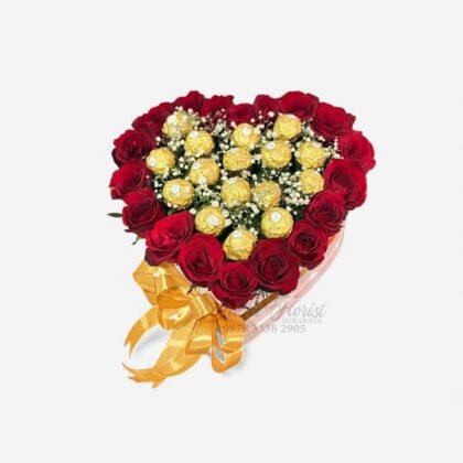 Bloom Box Heart Premium Mawar Merah & Ferrero Rocher