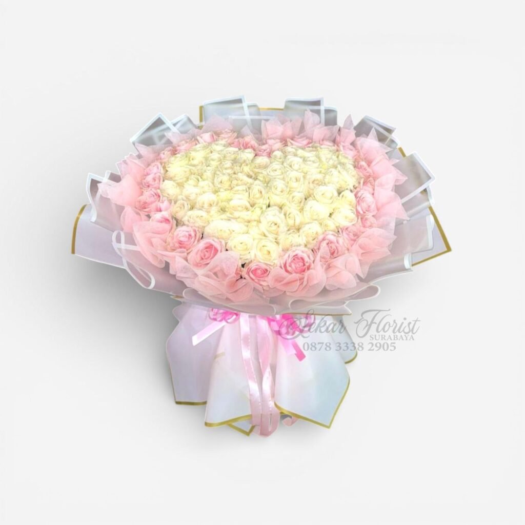 Buket Mawar Hati Jumbo White & Pink Roses