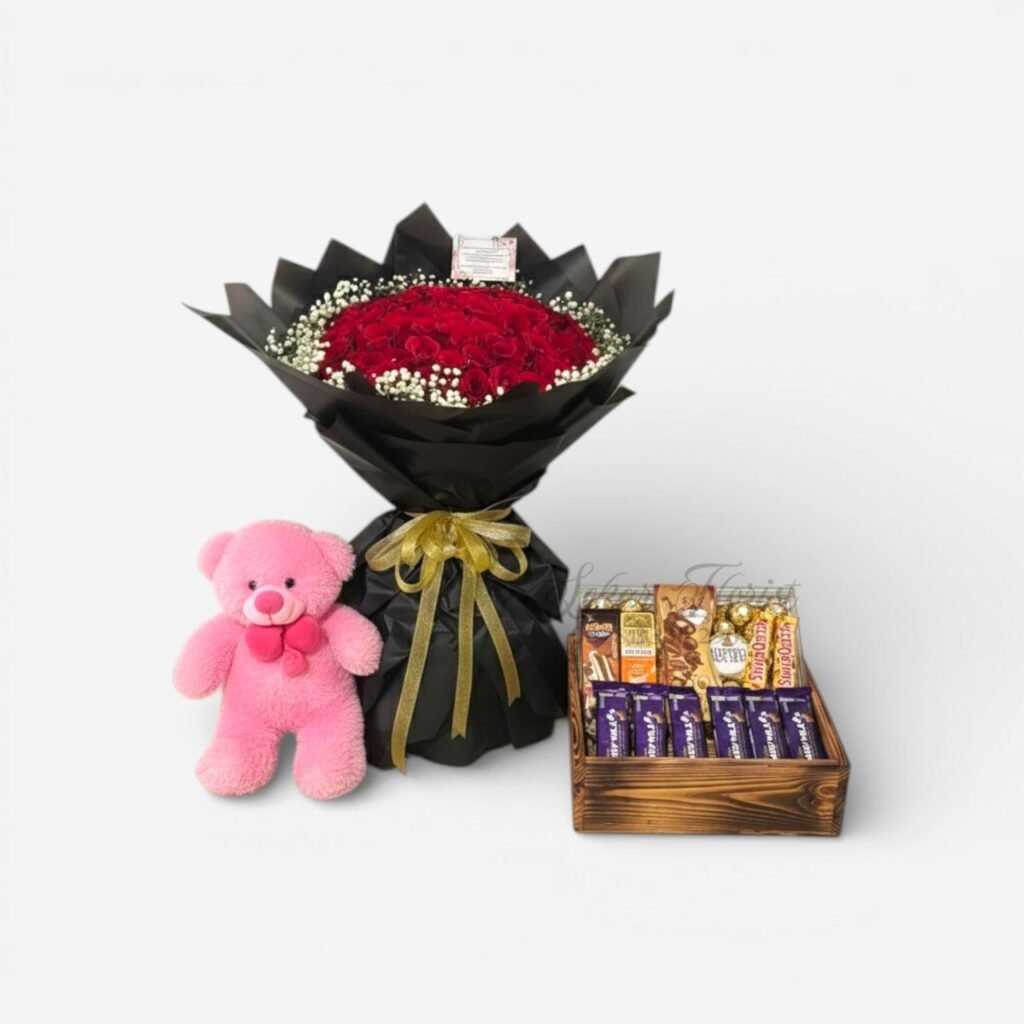 Romantic Package Buket Mawar, Boneka Jumbo & Hamper Coklat