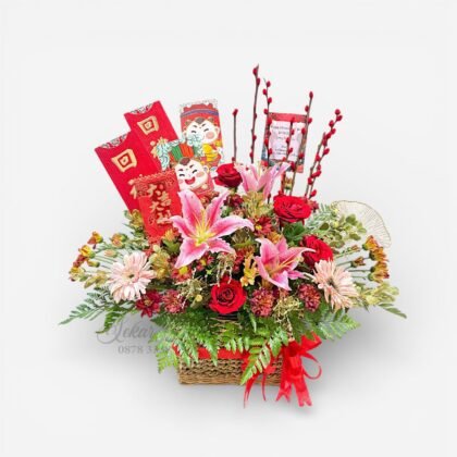 Rangkaian Bunga Meja Sincia Pink Lily & Mawar Merah