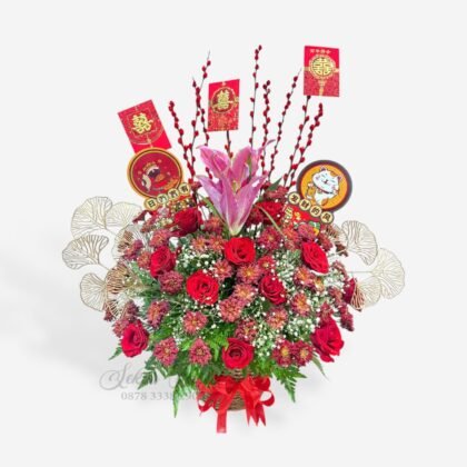 Bunga Meja Imlek Premium Rangkaian Mawar Merah